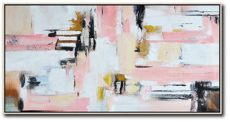 Family Wall Decor,Horizontal Palette Knife Contemporary Art,Canvas Paintings For Sale White,Pink,Light Yellow - Click Image to Close